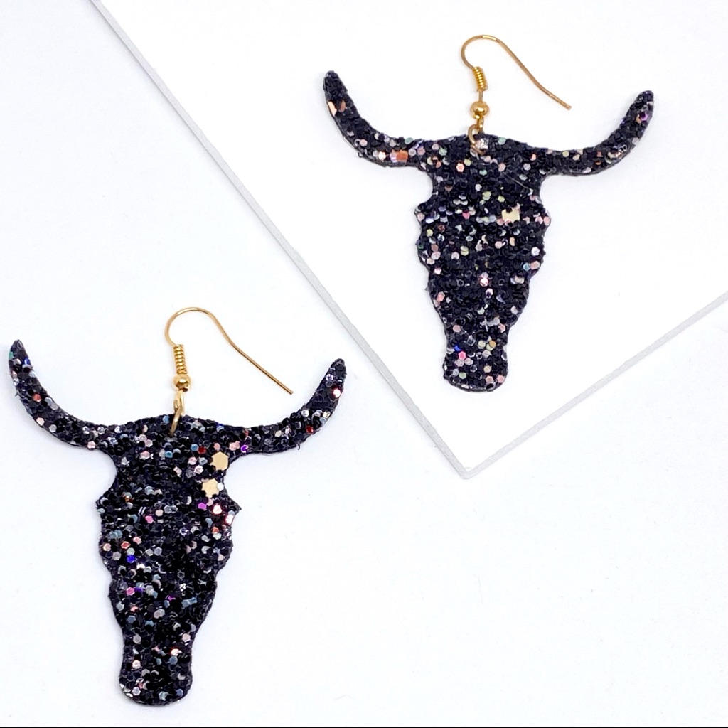 225 Sparkly Black Boho Bull Skull Earrings D44 17$